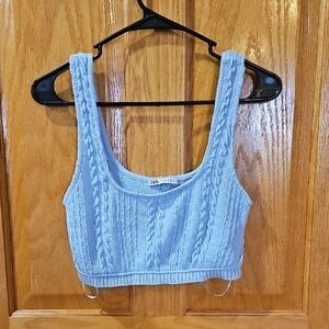 Zara Blue Ribbed Sleeveless Crop Tank Top